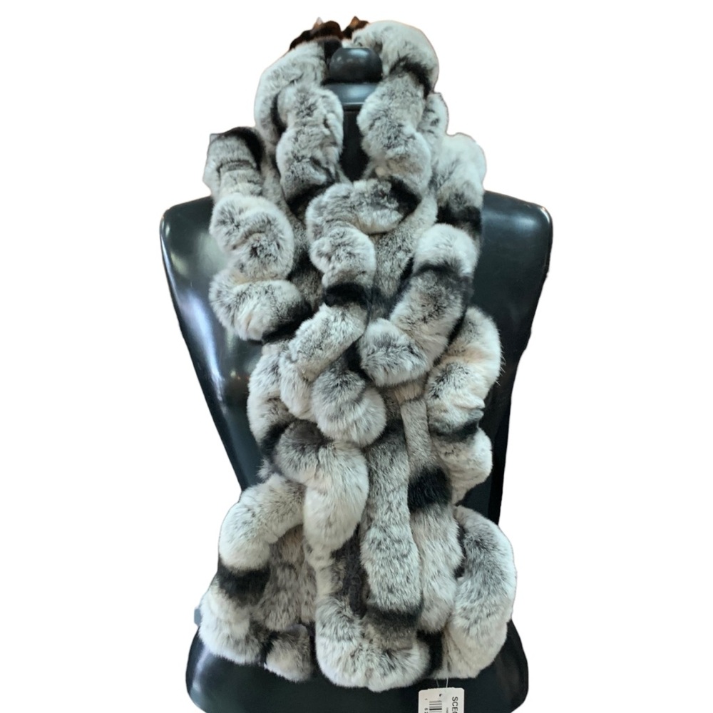 Genuine Rabbit Fur Ruffles Scarf in Black Frost